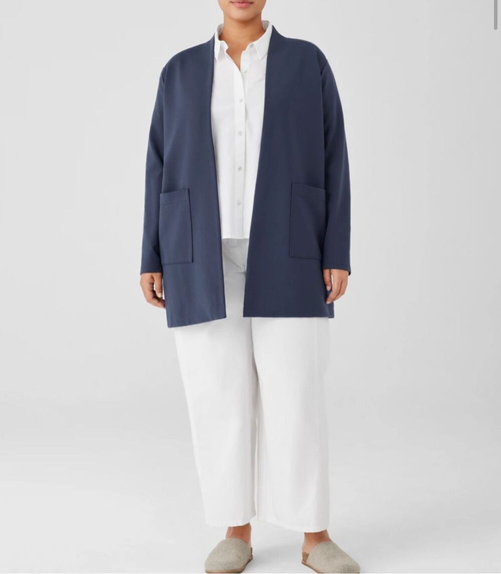Eileen Fisher $298 Washable Flex Ponte High Collar Open Front Jacket Blue 3X NEW
